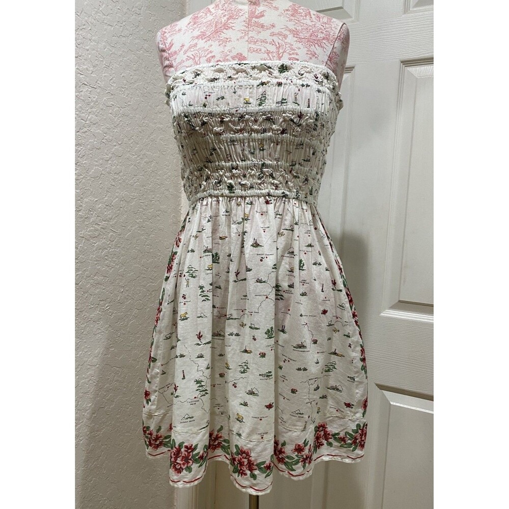 NWT J Crew Smocked Mini Dress Map Print Voile Sz S Cream Organic Cotton SP26